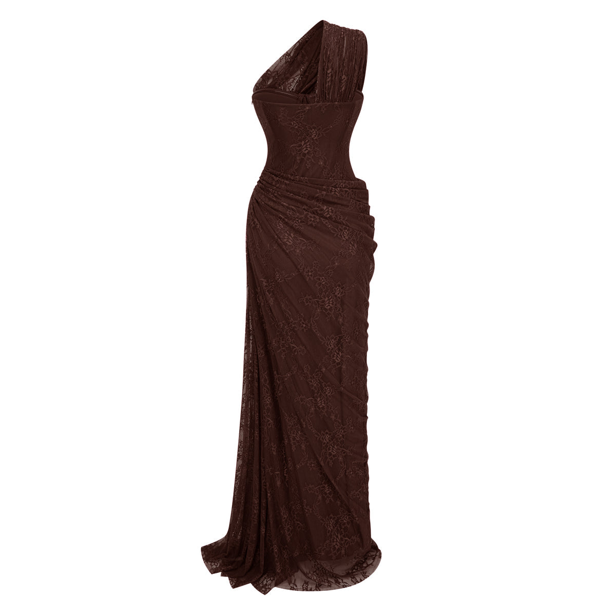 Stefania Brown Red Floral Lace Maxi Gown