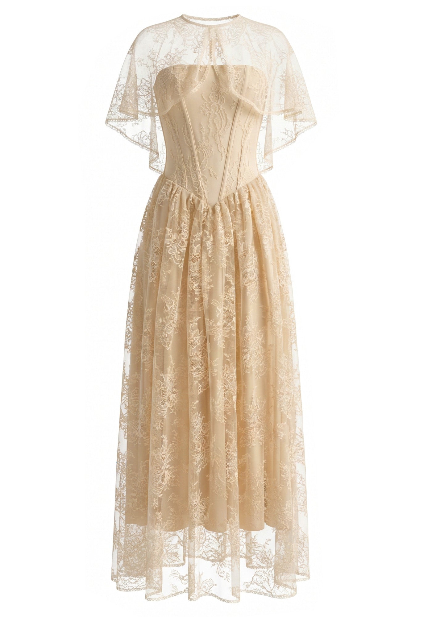 Lace Cape Strapless A Line Maxi Dress Champagne