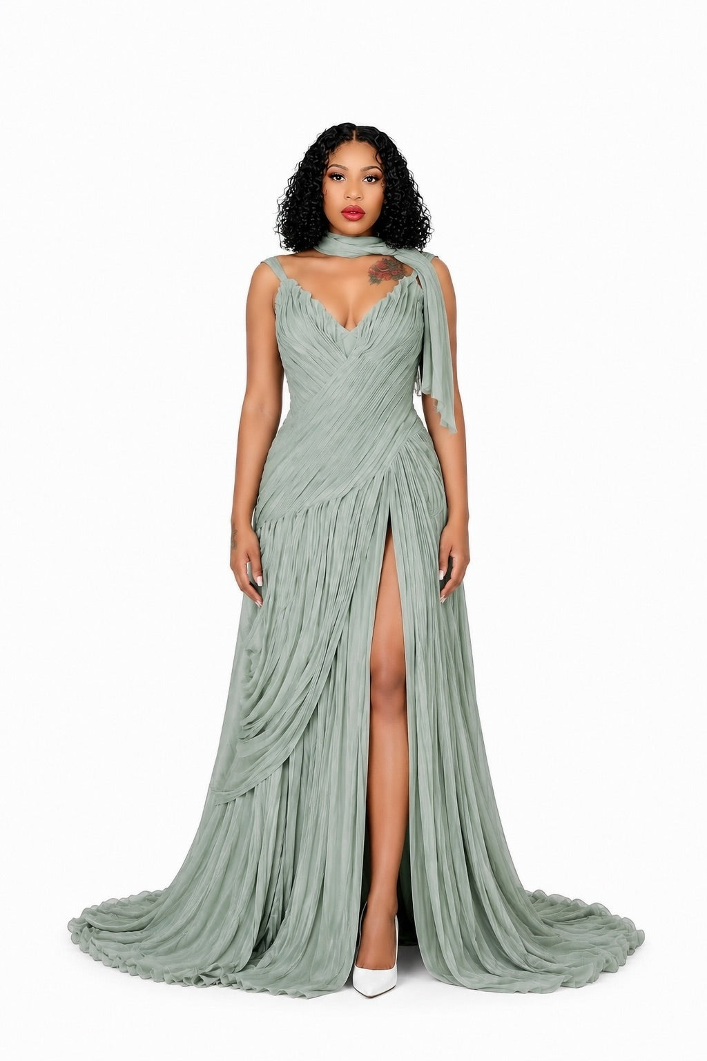 Solveig Green Off Shoulder Pleated Maxi Dress with Hign Slit