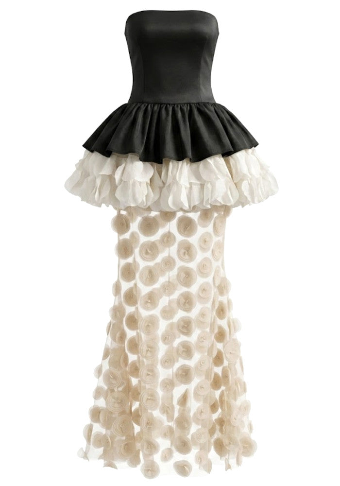 Strapless Floral Peplum Maxi Dress Black Ivory