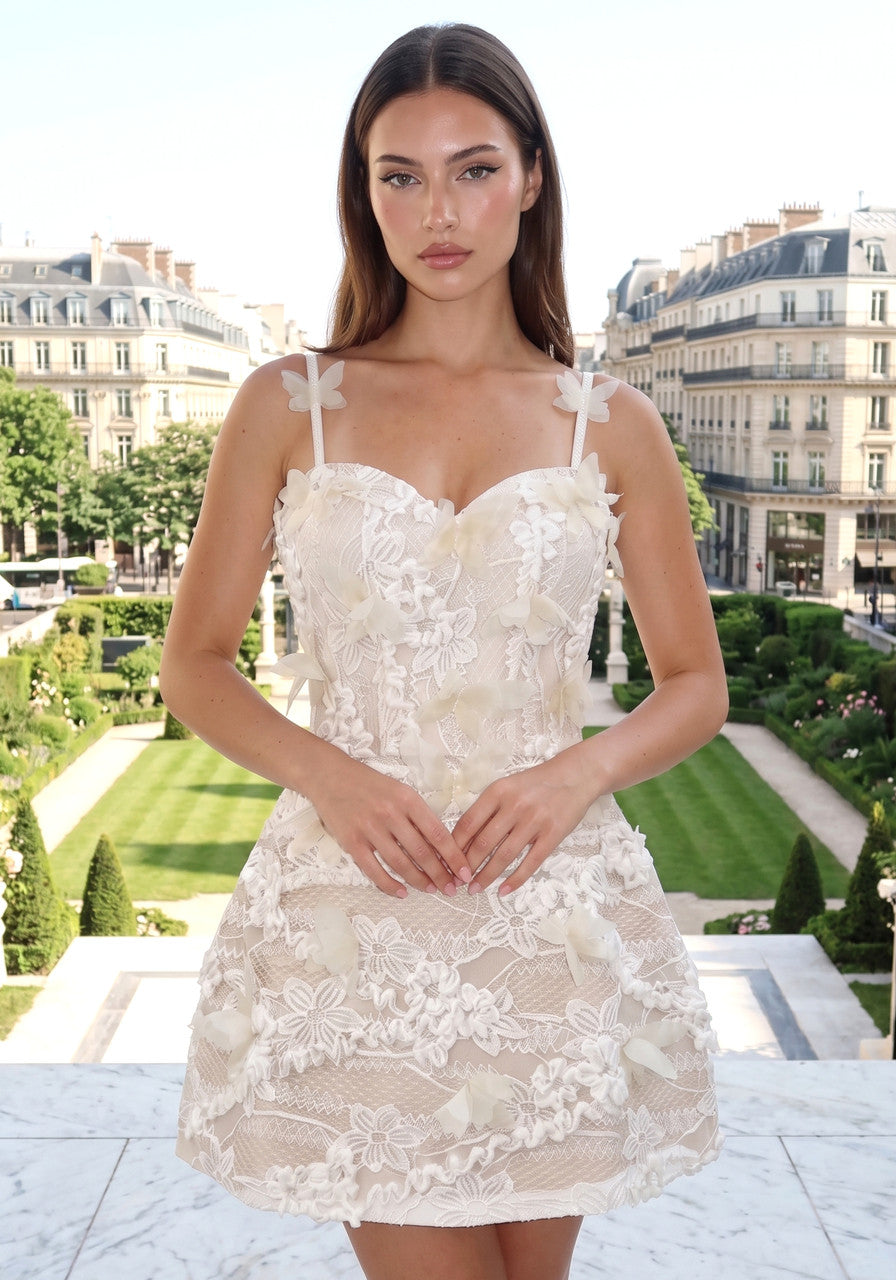 Floral Butterfly Lace A Line Dress Ivory