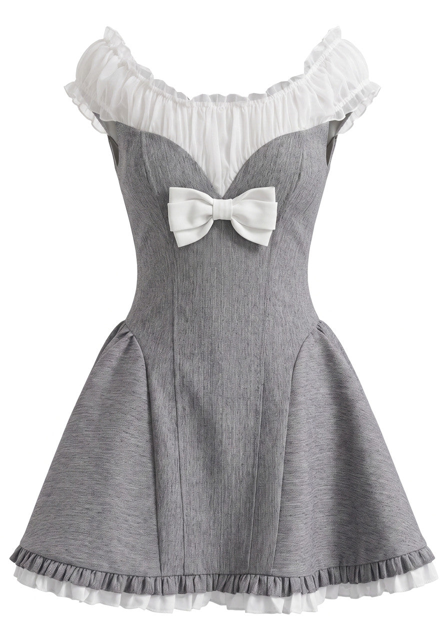 Ruched Bardot A Line Dress Grey White