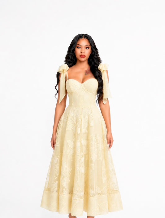 Floral A Line Bustier Midi Dress Yellow