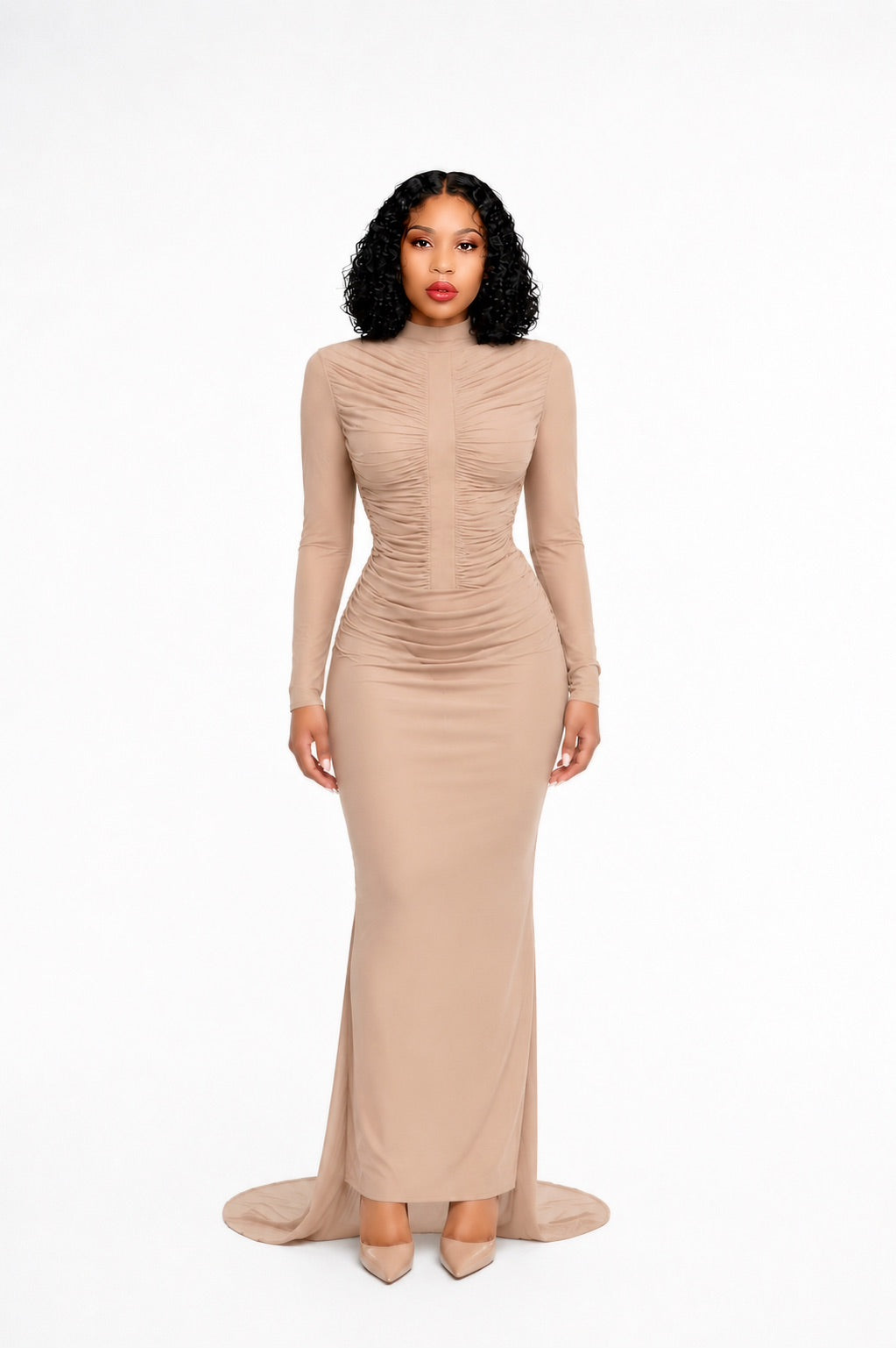 Olinda Nude Ruched Maxi Dress with Asymmetrical Hem