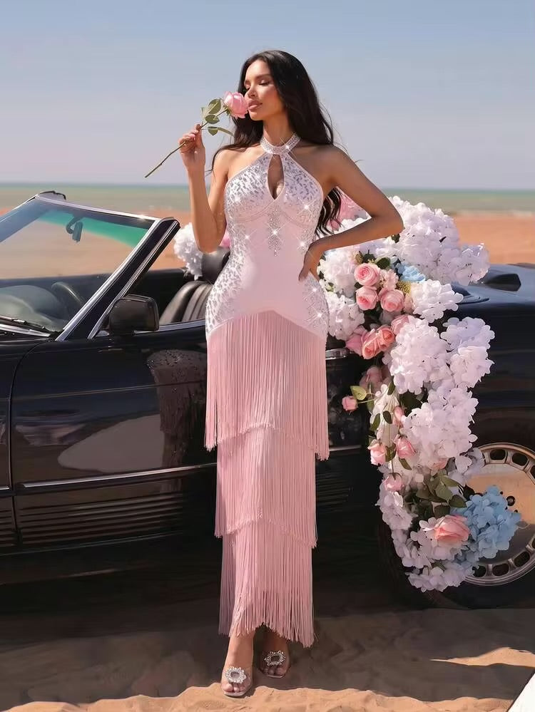 Rosé Mirage Fringe Maxi Dress