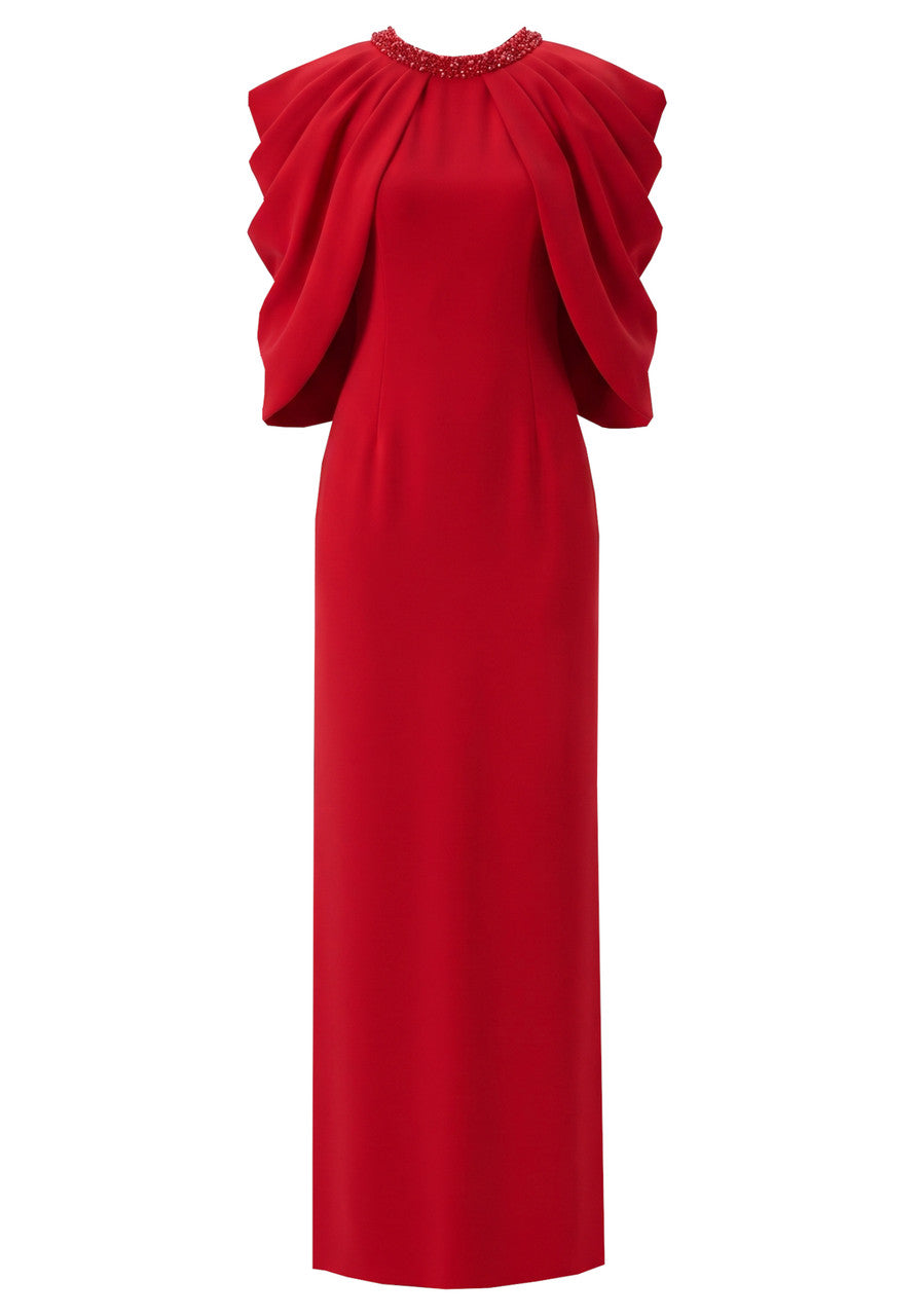 Embellished Neckline Draped Maxi Dress Red