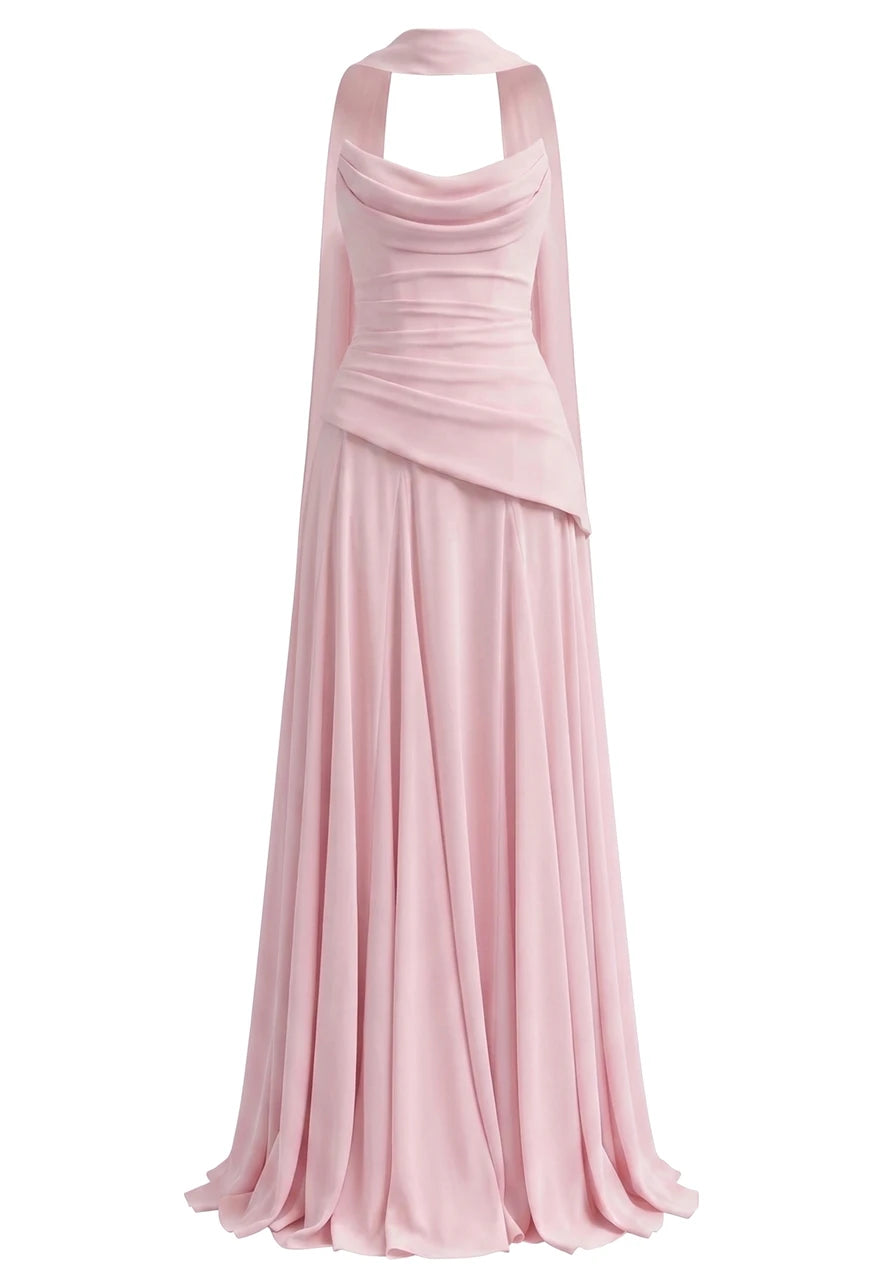 Strapless Draped Corset A Line Maxi Dress Pink