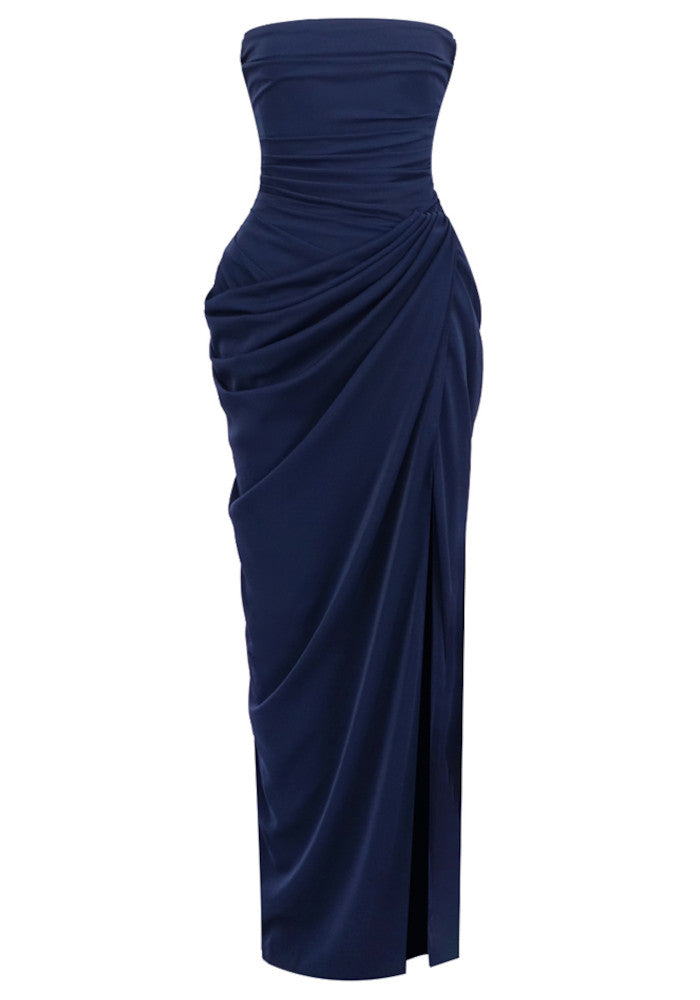 Strapless Draped Corset Maxi Dress Navy Blue