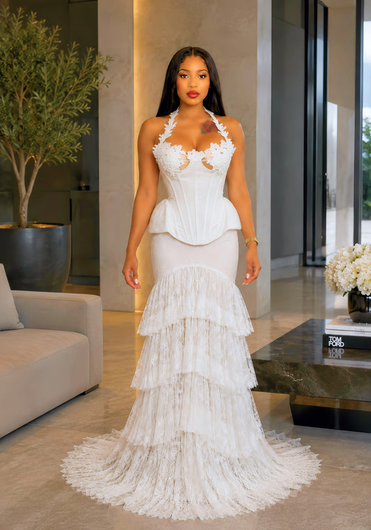 Halter Lace Corset Bust Multi Layered Tassel Fringe Sheer Mesh Maxi Skirt set