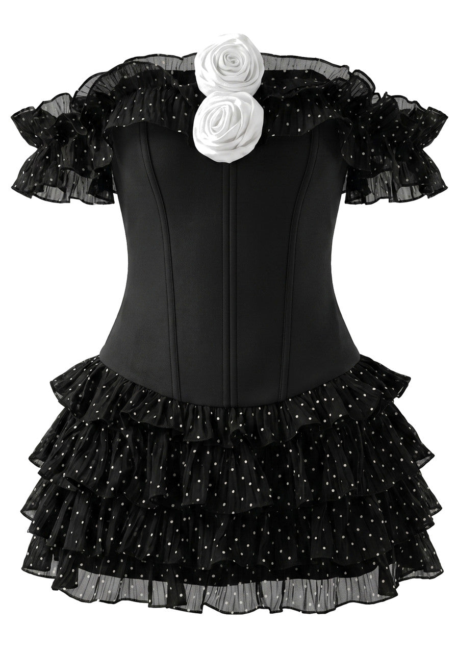 Ruffle Bardot Corset Two Piece Dress Black
