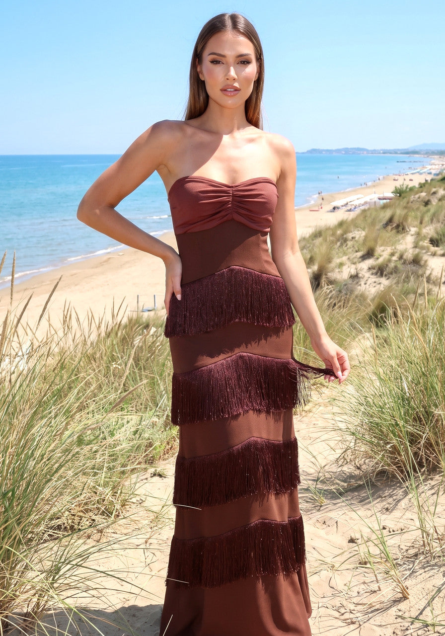 Strapless Tassel Detail Maxi Dress Brown