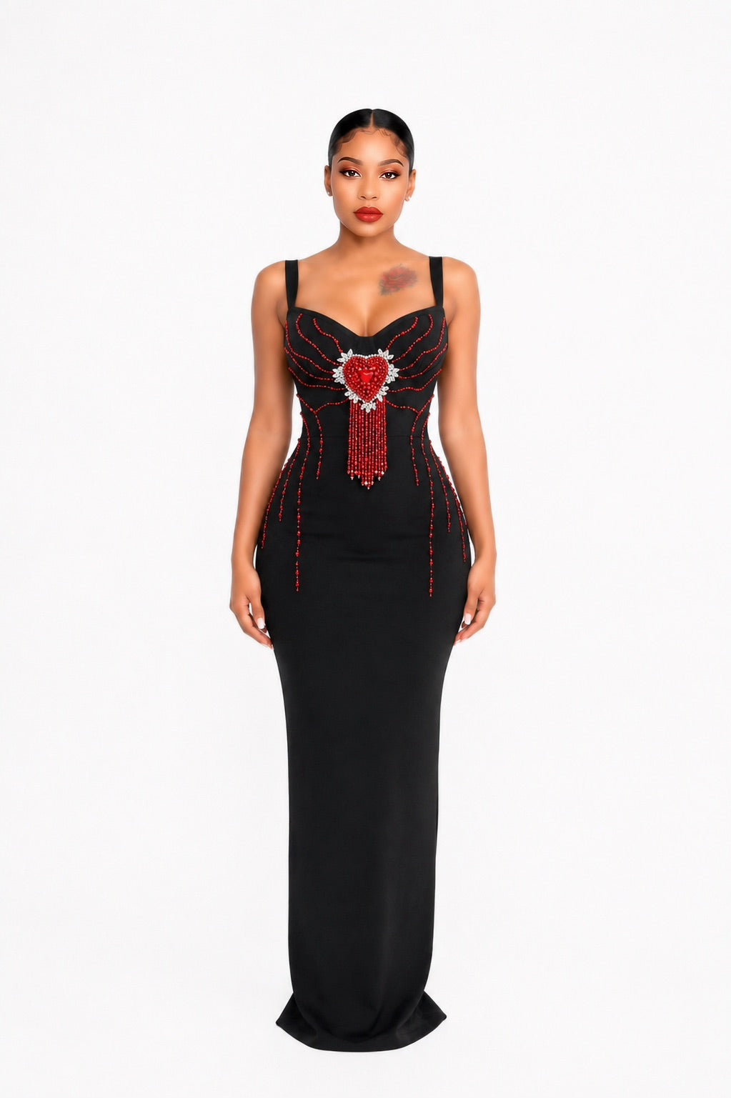 Crystal Heart Embellished Maxi Dress Black