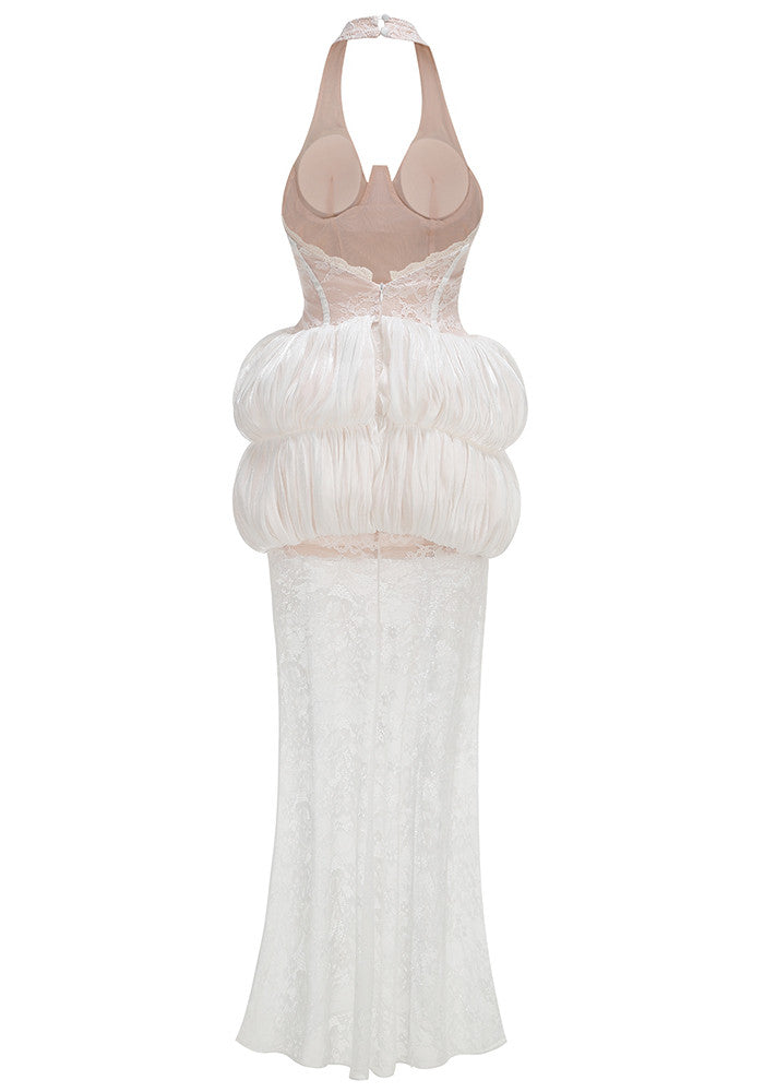 Halter Lace Bubble Maxi Dress White
