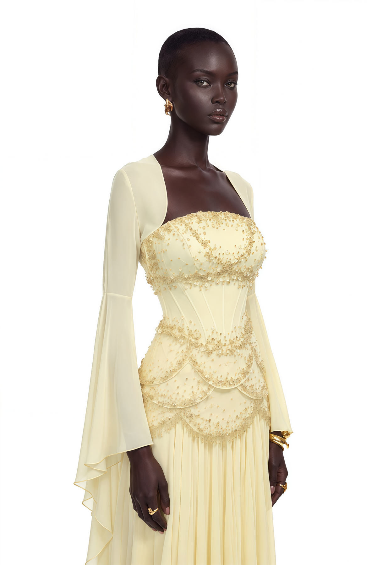 Yellow Faux-pearl-embellished Pleated Maxi Dress