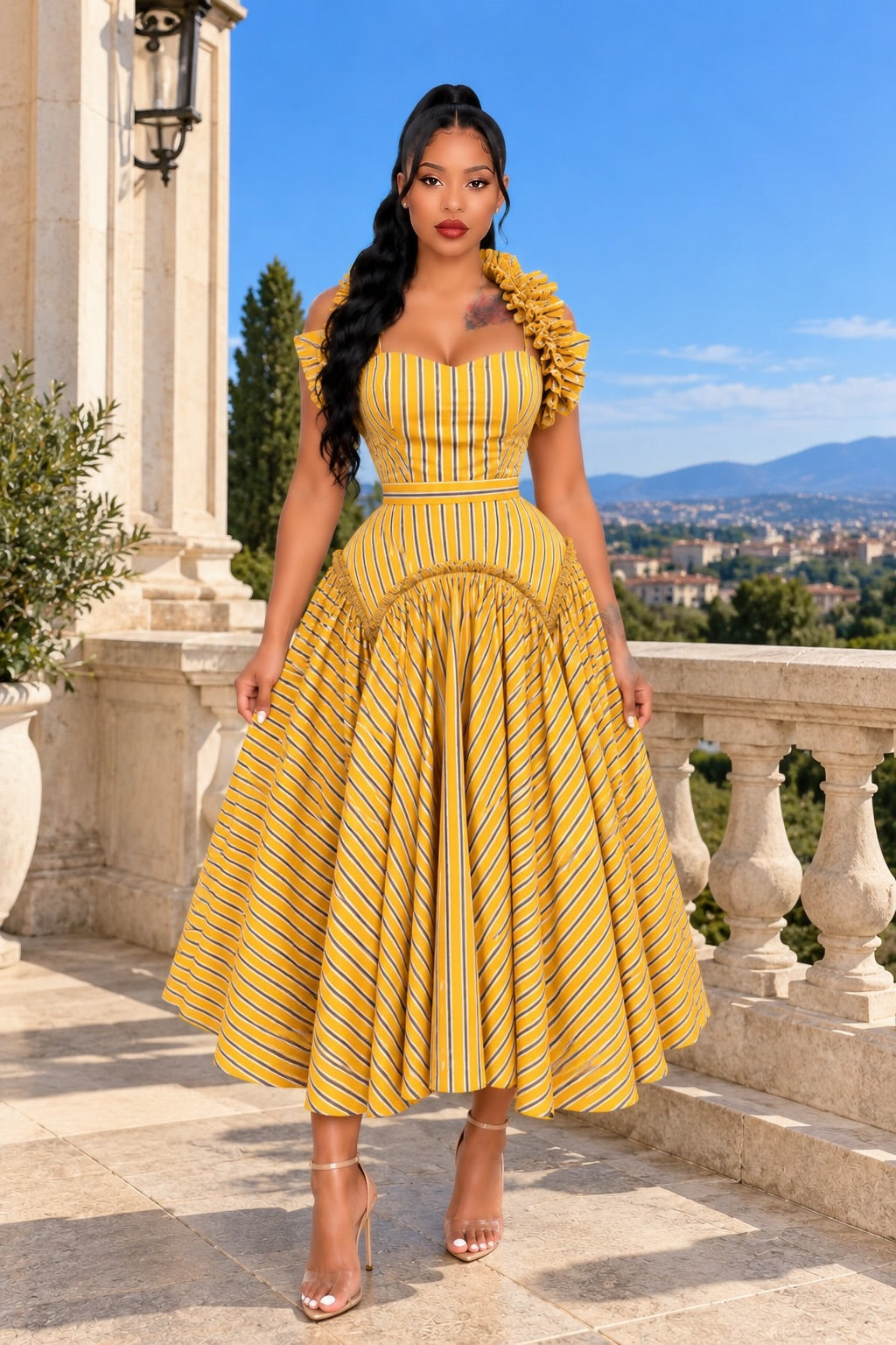 The Azure Ruffle-Trim Striped Midi Dress yellow