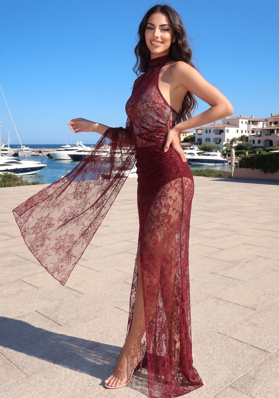 One Shoulder Lace Maxi Dress Burgundy