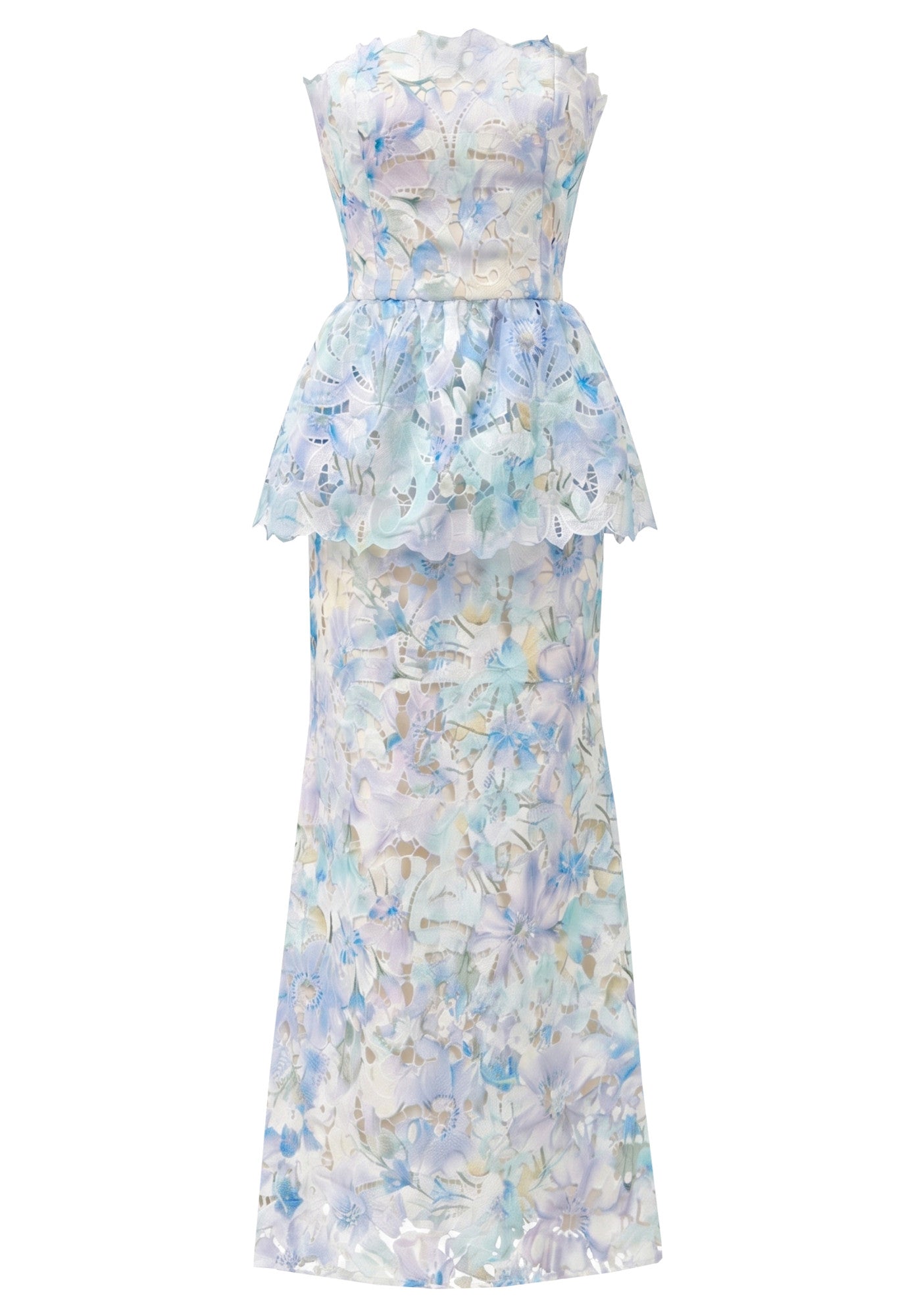 Strapless Floral Peplum Maxi Dress Blue