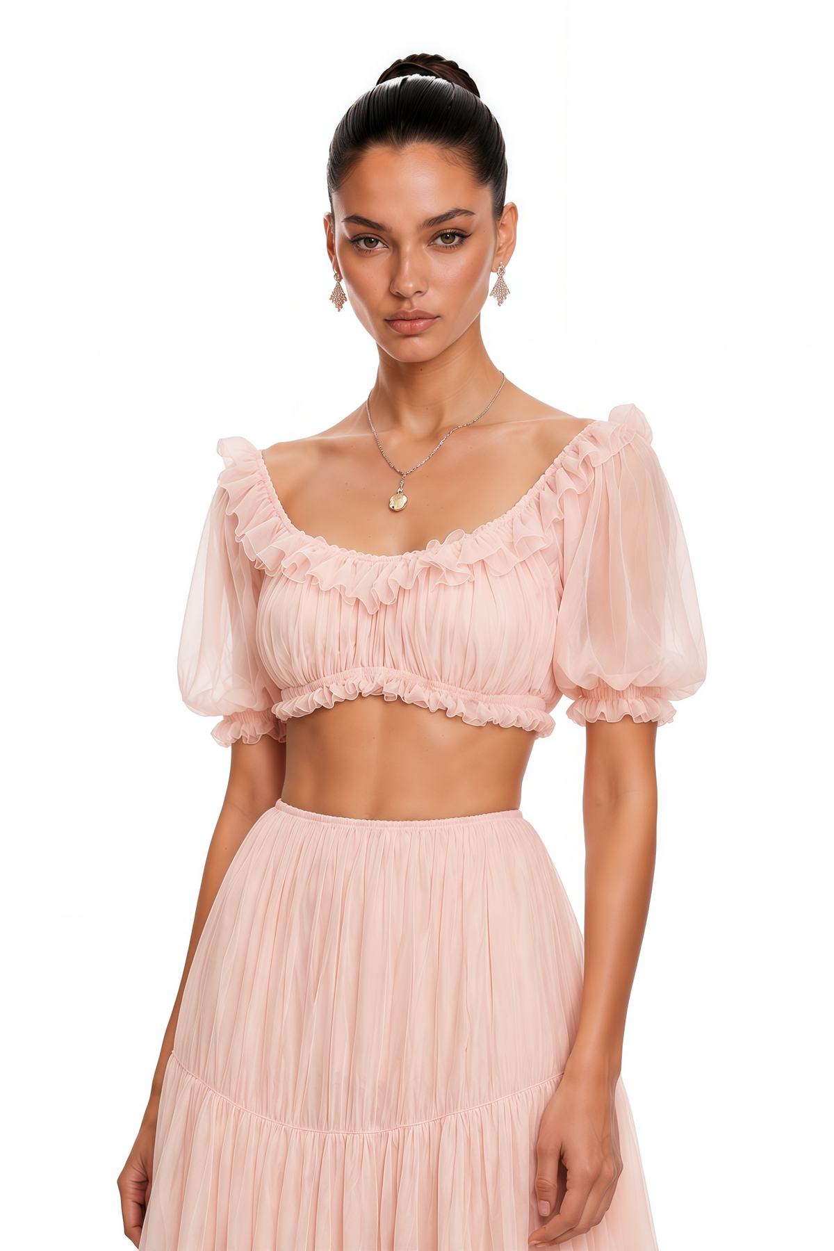 Pink Puff Sleeves Crop Top & Ruffled Skirt Set