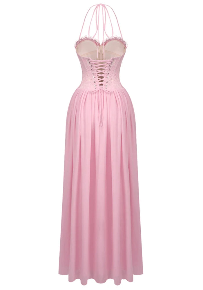 Halter Lace Corset A Line Maxi Dress Pink