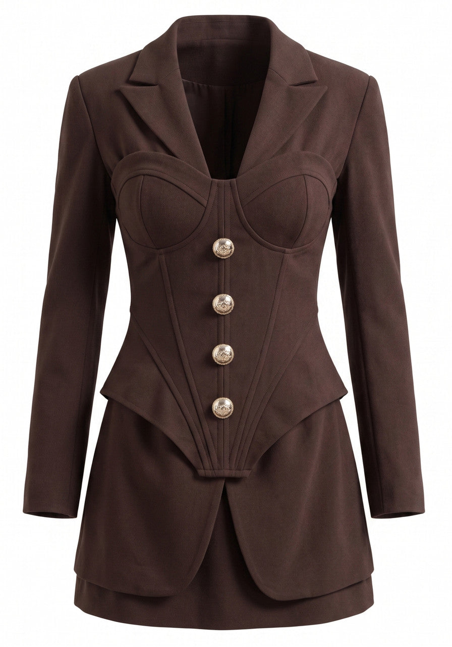 Long Sleeve Structured Bustier Dress Brown