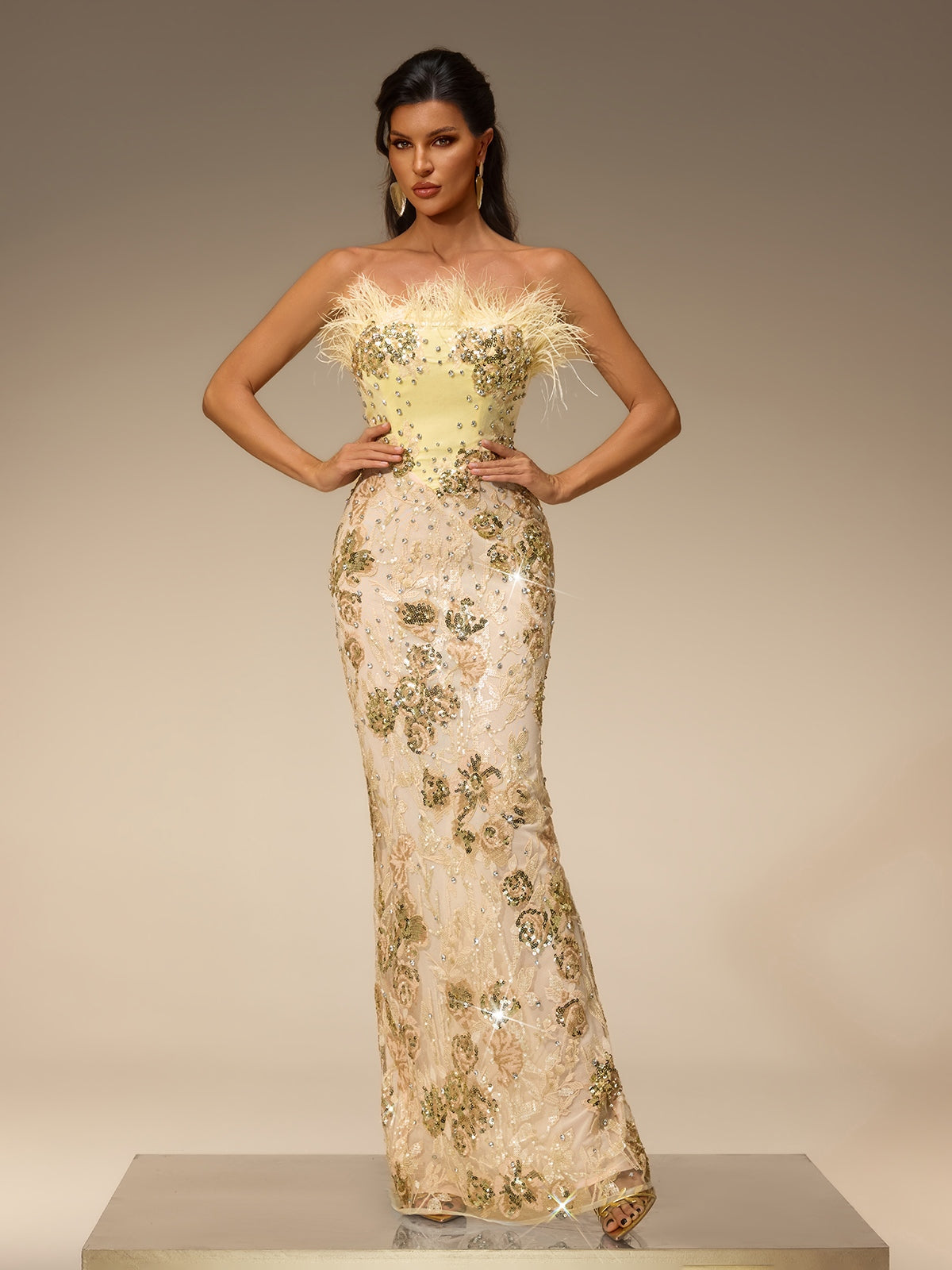 Ciresto Strapless Sequin Rhinestone Maxi Dress