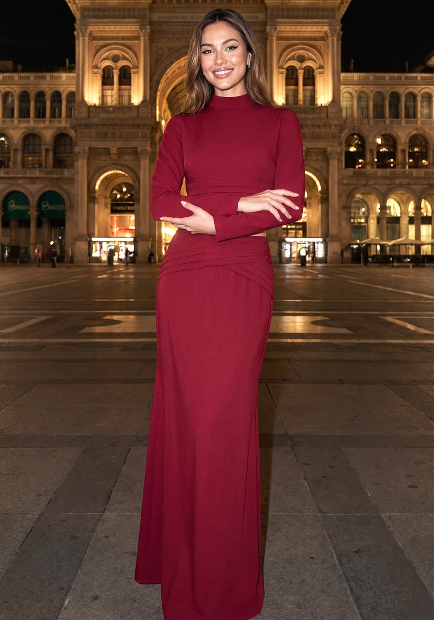 Long Sleeve Two Piece Maxi Dress Red