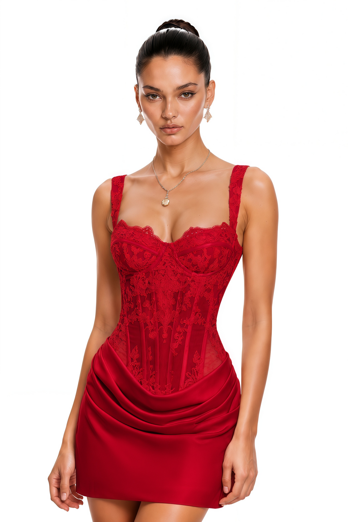Red Ruched Mini Dress with Lace Corset