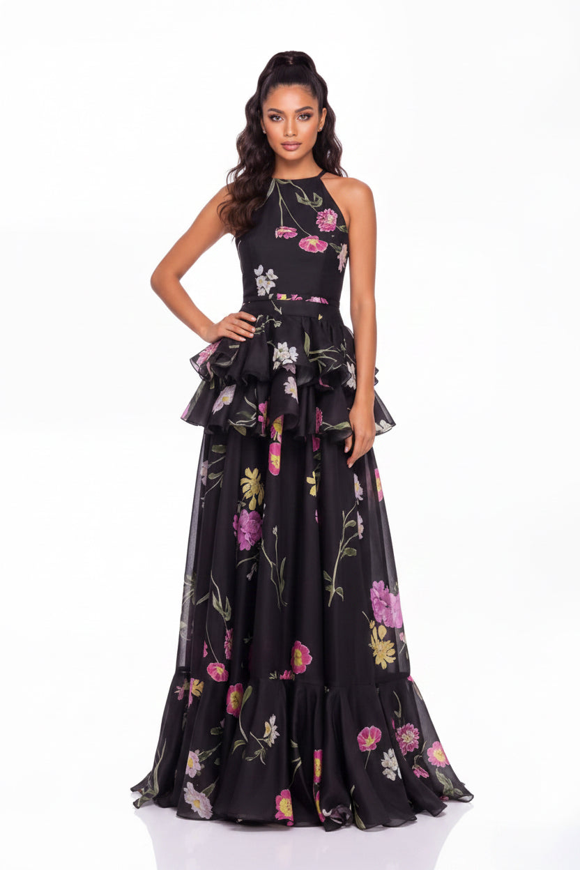 Floral Ruffle Maxi Dress In Black