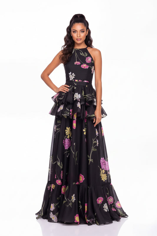 Floral Ruffle Maxi Dress In Black