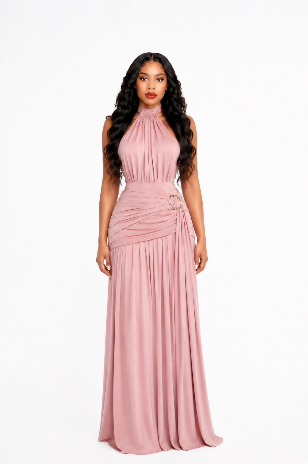Halter Draped A Line Maxi Dress Pink