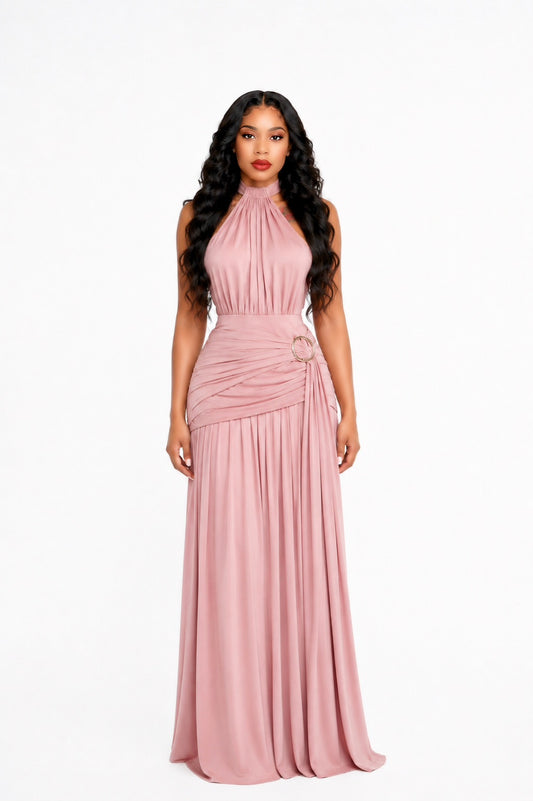 Halter Draped A Line Maxi Dress Pink