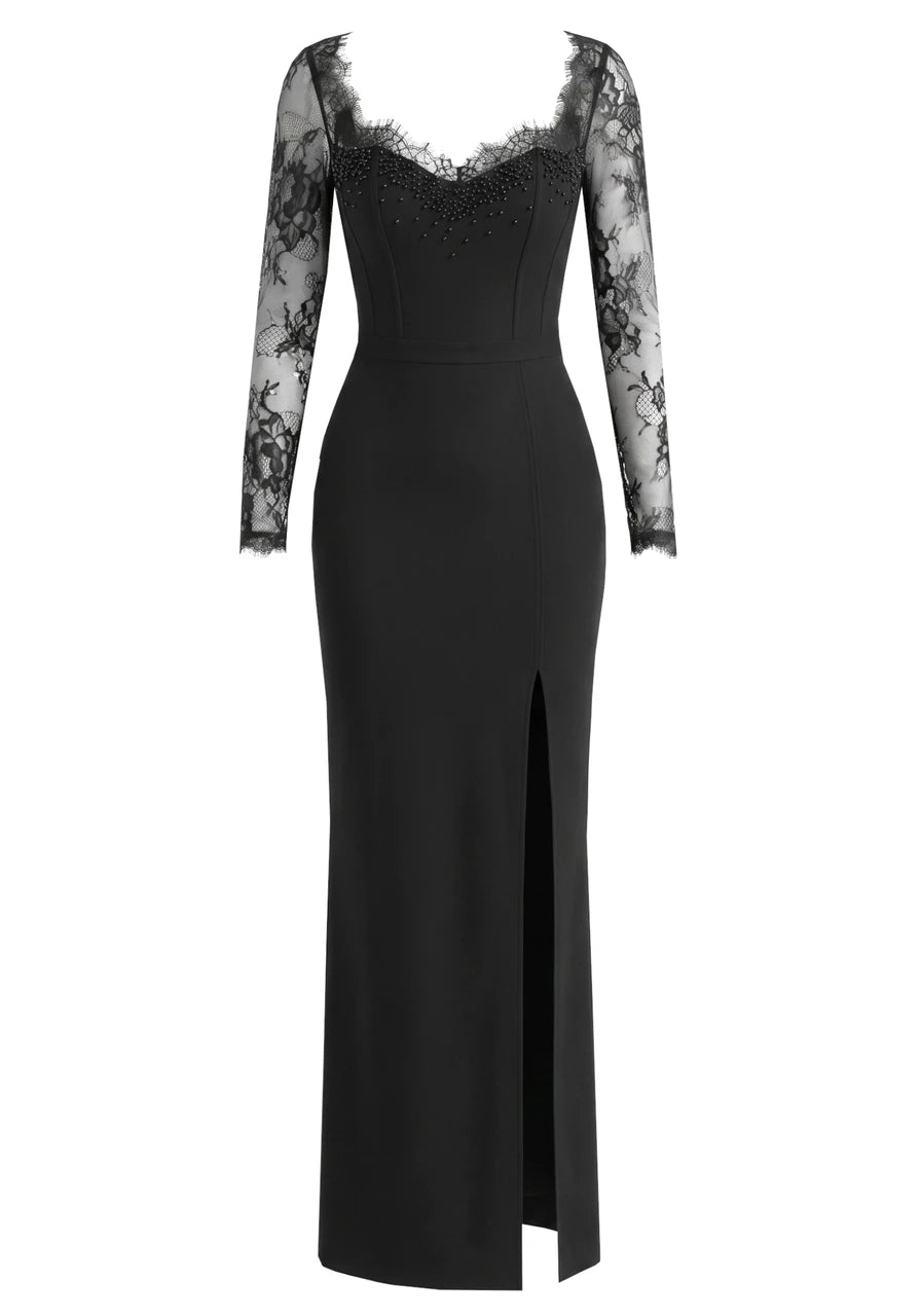 Long Sleeve Embellished Lace Maxi Dress Black