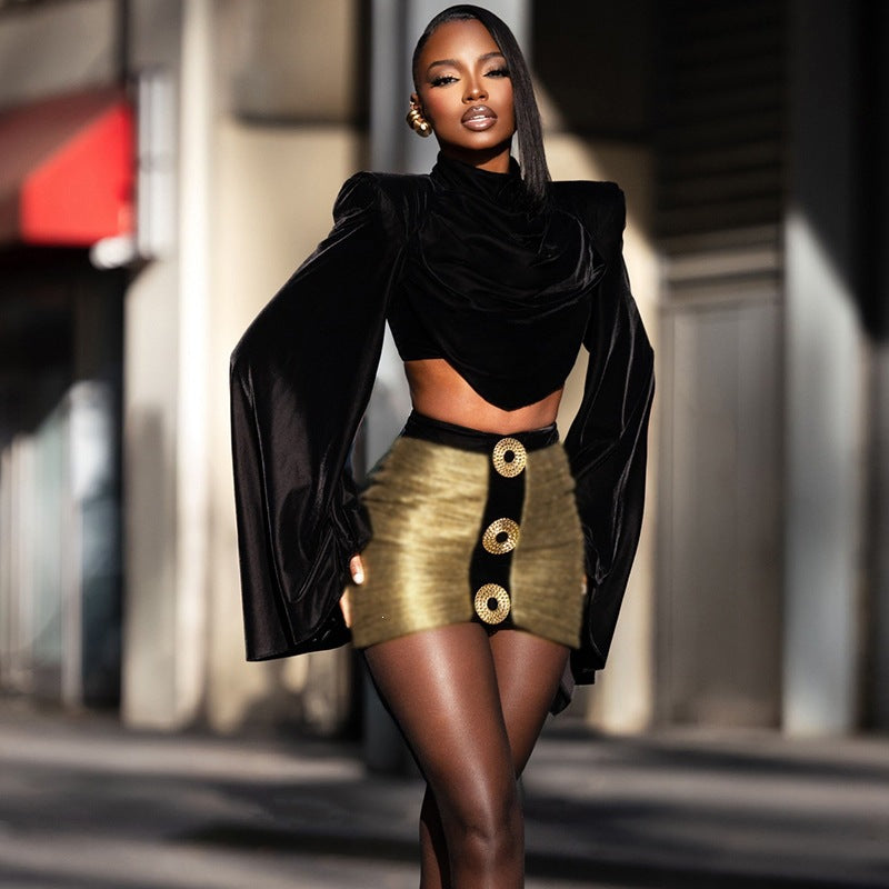 Turtleneck Bell Sleeve Top Sexy Sheath Skirt Two Piece Sets