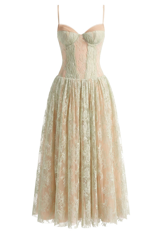 Halter Lace Bustier A Line Maxi Dress Green