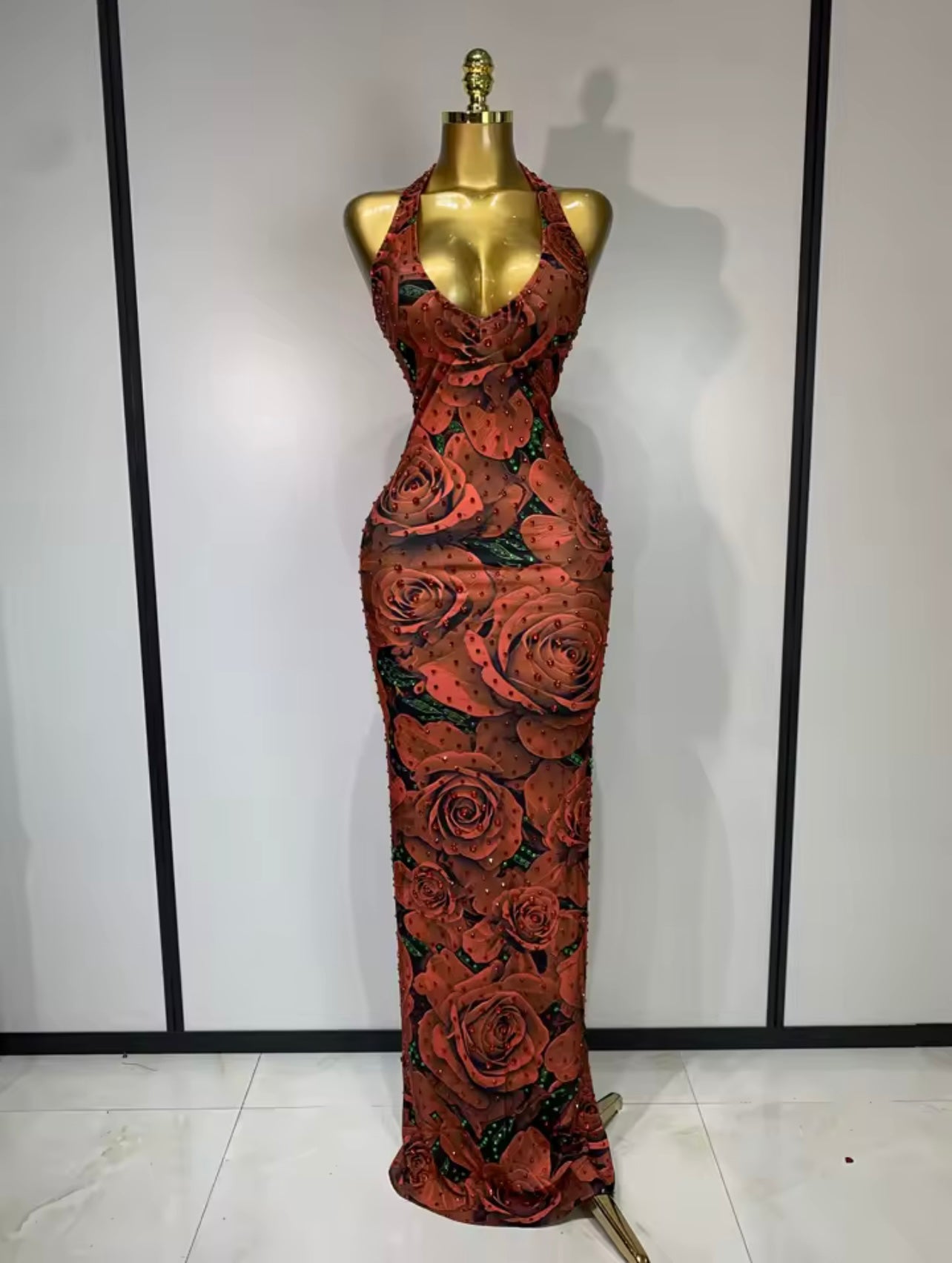 Halter Bodycon Dress Sparkly Rhinestone V Neck Backless dress