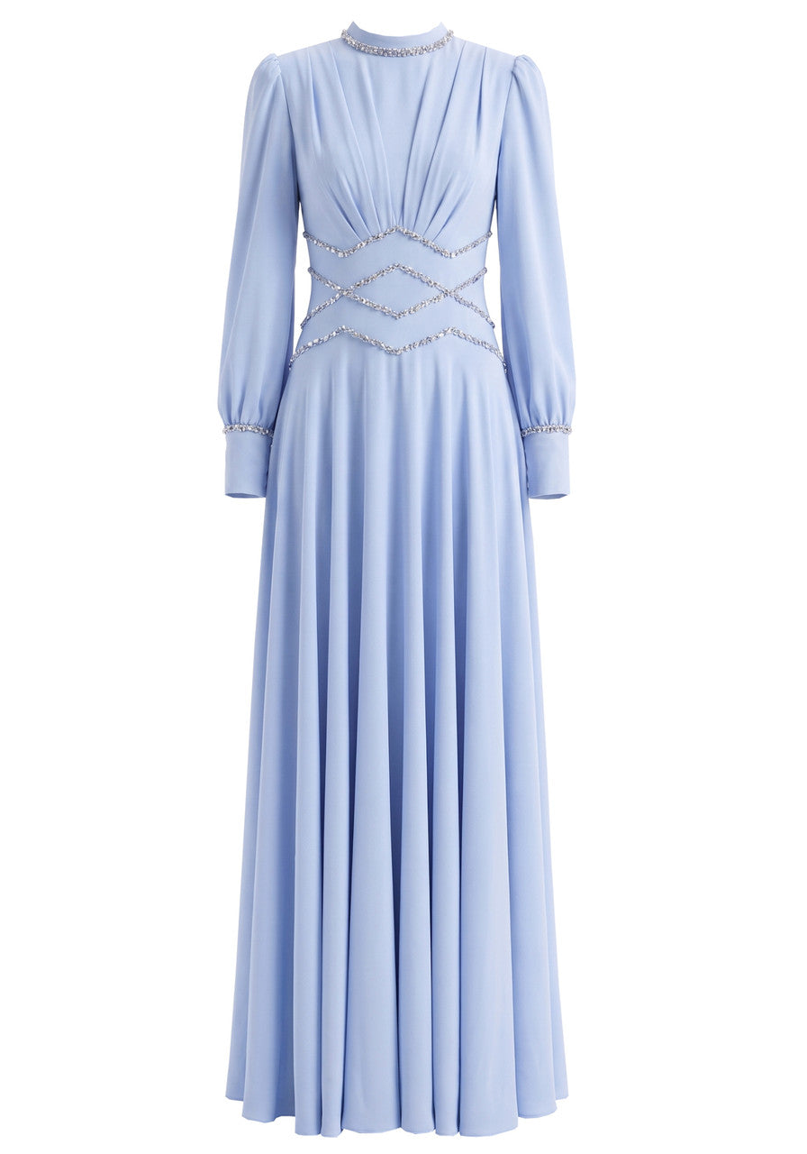 Long Sleeve Crystal Detail A Line Maxi Dress Light Blue