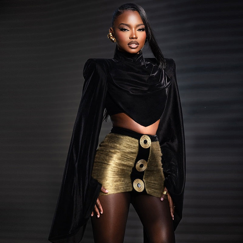 Turtleneck Bell Sleeve Top Sexy Sheath Skirt Two Piece Sets