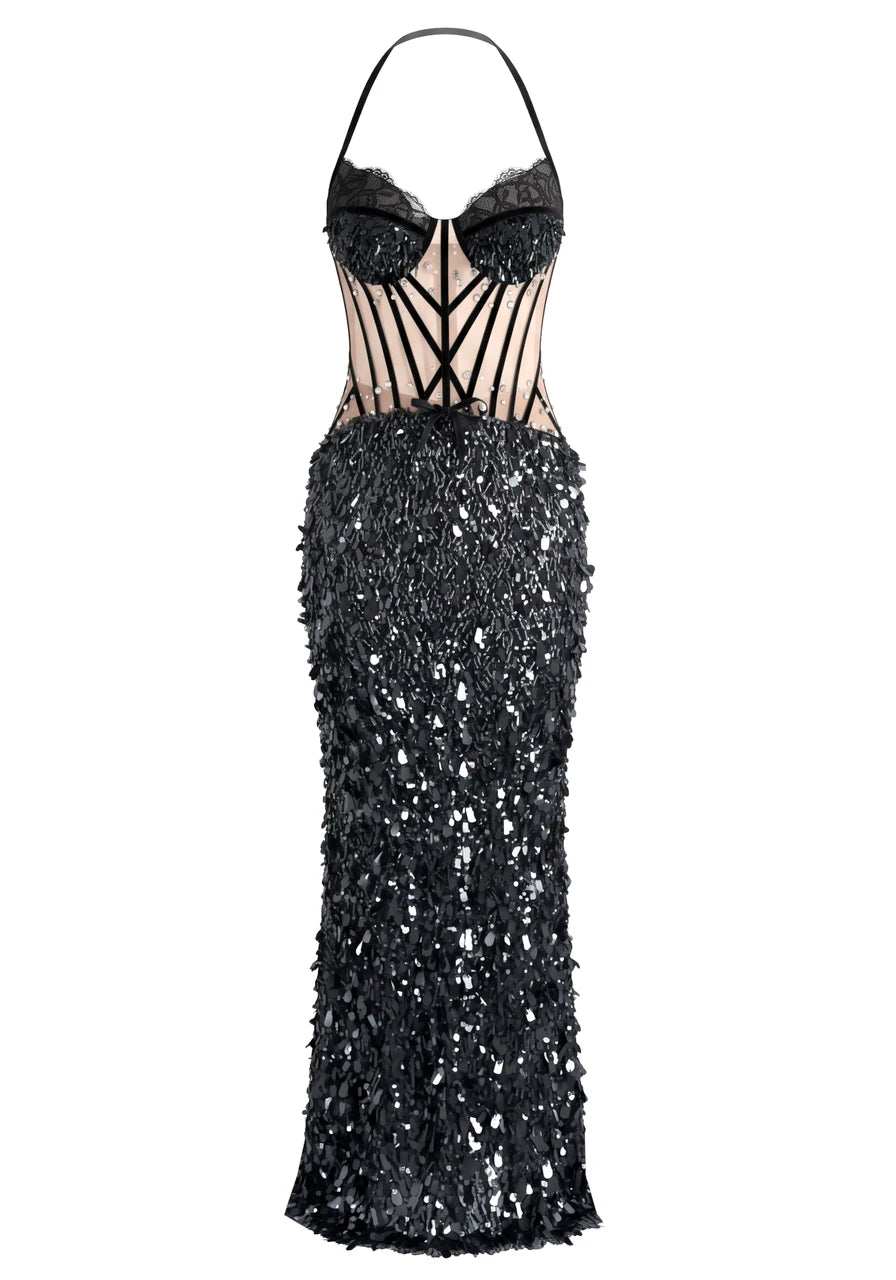 Halter Structured Bustier Maxi Dress Black