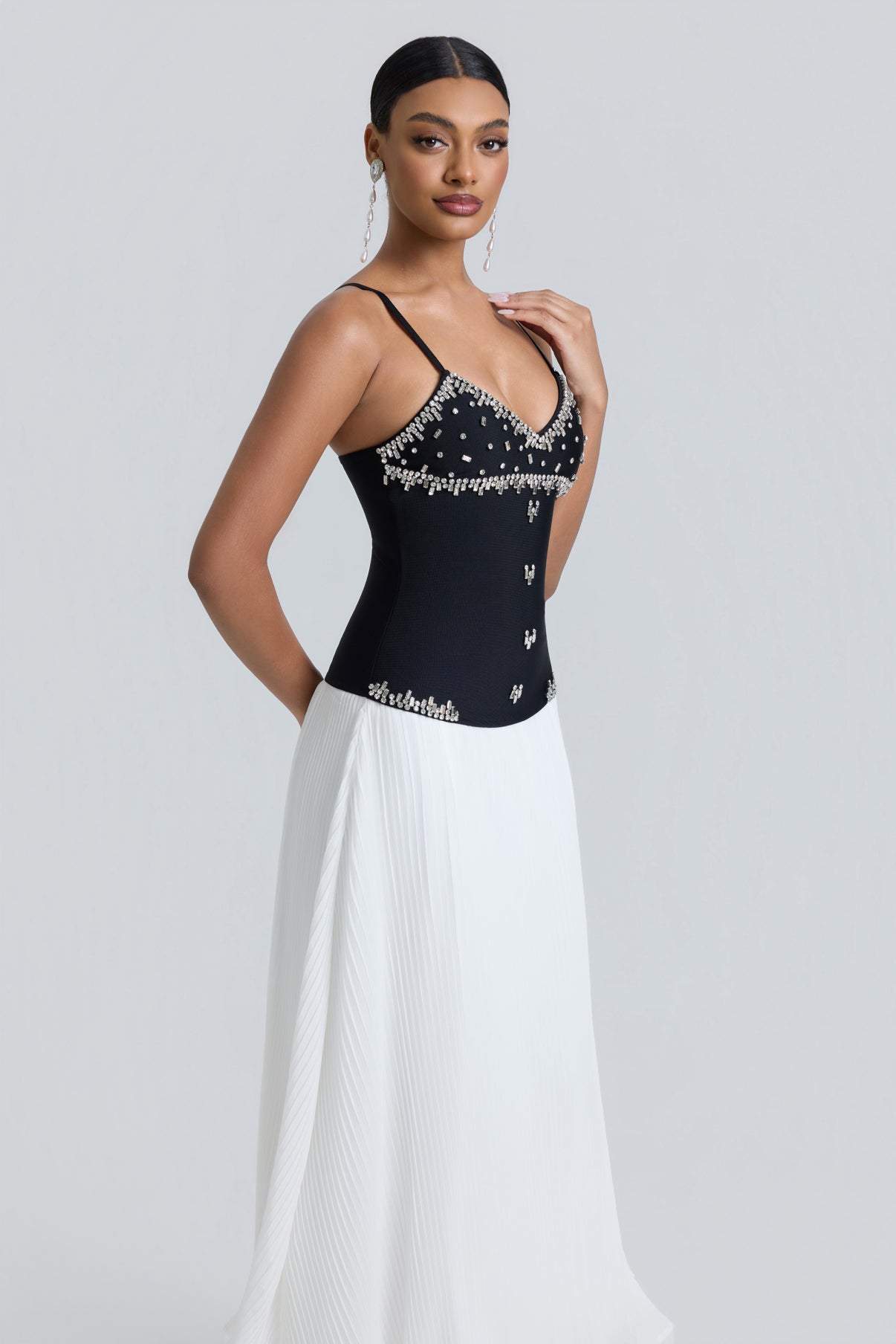 Chiffon midi dress with ribbons, rhinestones and studs