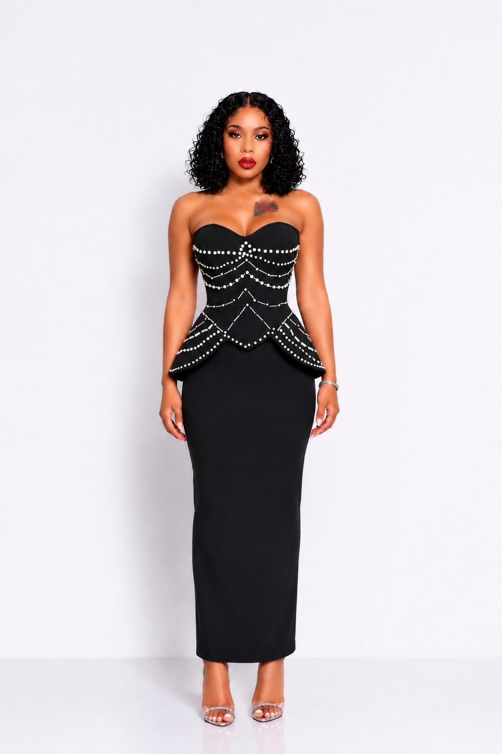 Strapless Crystal Embellished Corset Maxi Dress Black