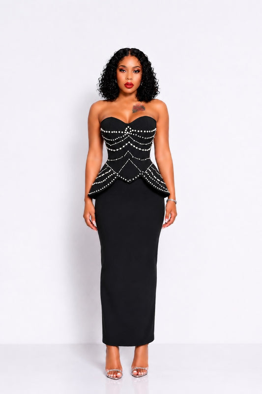 Strapless Crystal Embellished Corset Maxi Dress Black