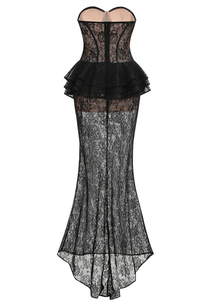 Strapless Lace Bustier Peplum Maxi Dress Black