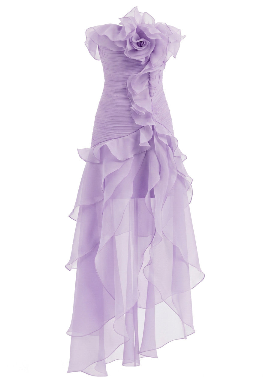Strapless Floral Ruffle Maxi Dress Lavender