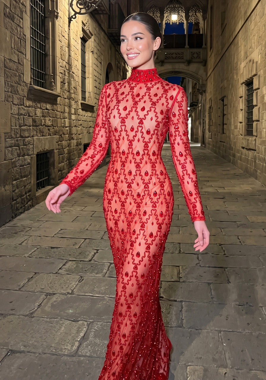 Long Sleeve Embellished Sequin Mesh Maxi Dress Red