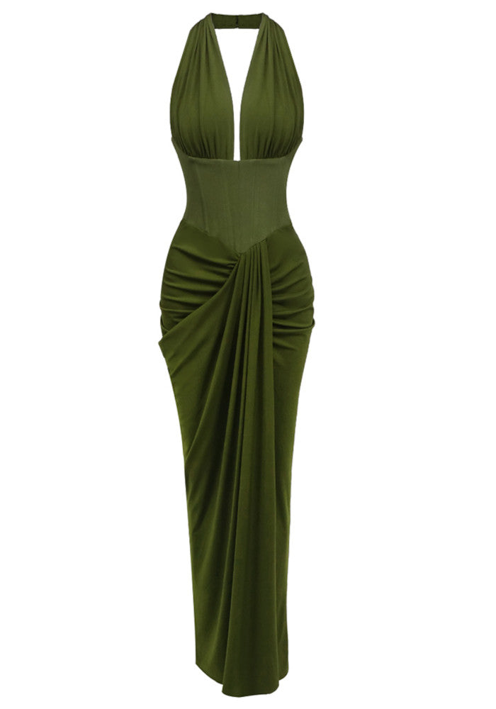 Halter Draped Corset Maxi Dress Green