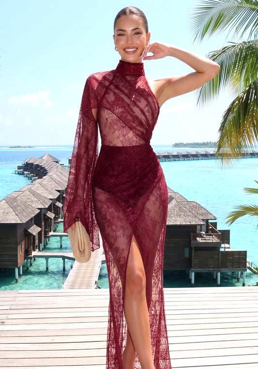 One Sleeve Draped Lace Maxi Dress Burgundy