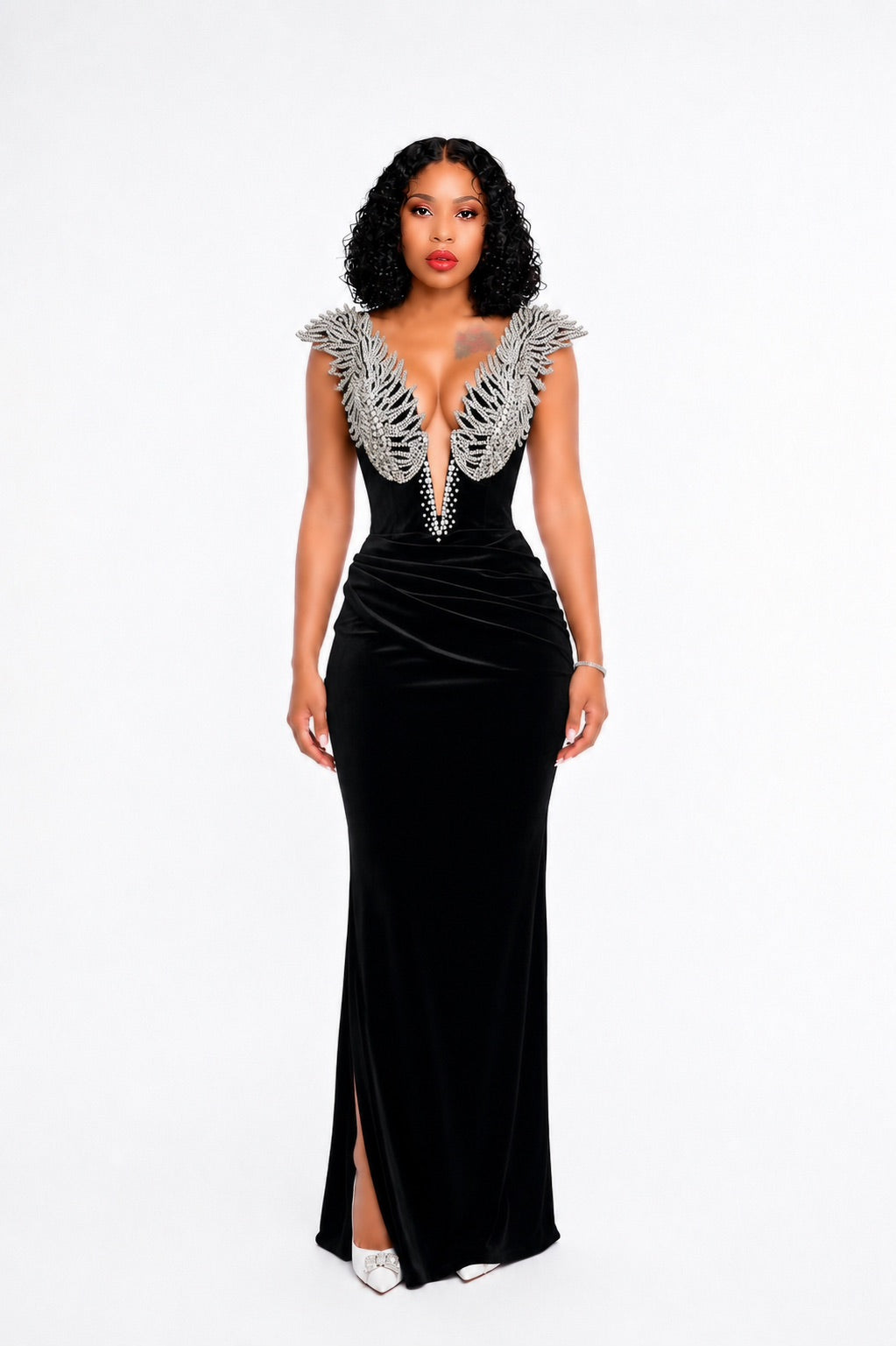 Strapless Crystal Wings Maxi Velvet Dress Black
