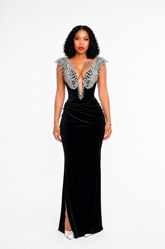 Strapless Crystal Wings Maxi Velvet Dress Black