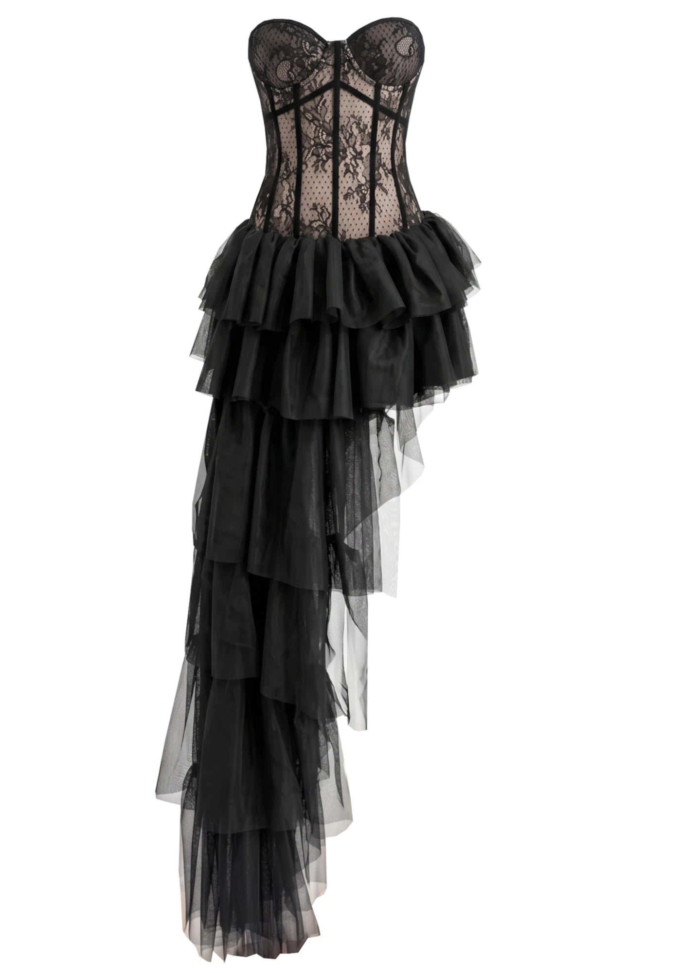 Strapless Lace Corset Ruffle Maxi Dress Black