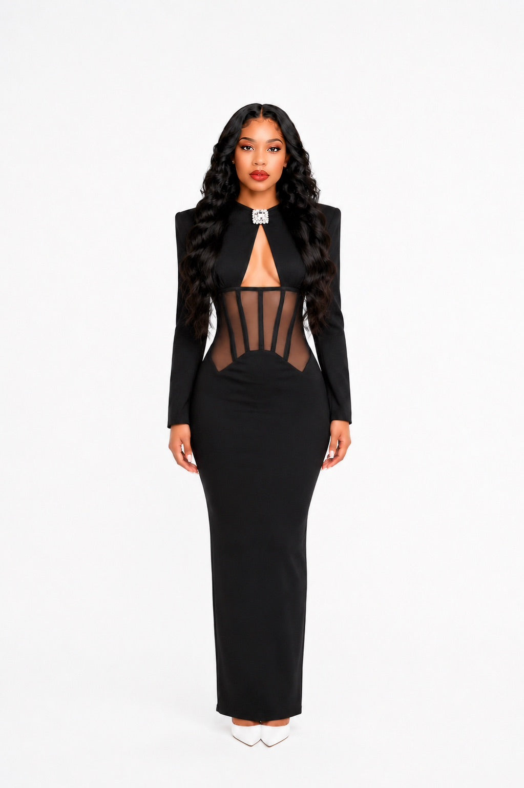 Long Sleeve Structured Mesh Maxi Dress Black
